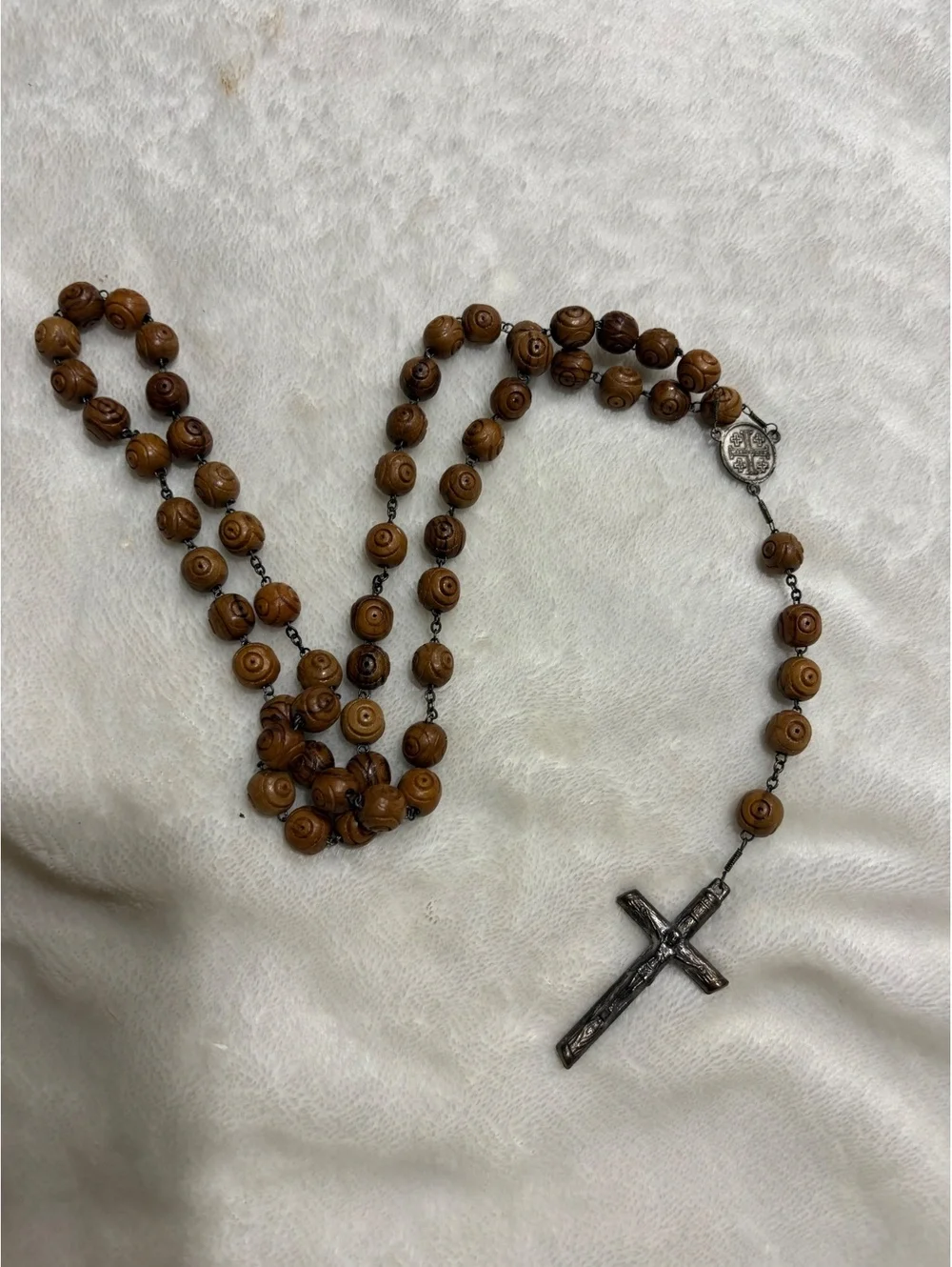 Set of 2 vintage rosaries wood and silver pleated St. Benedict wood bracelet